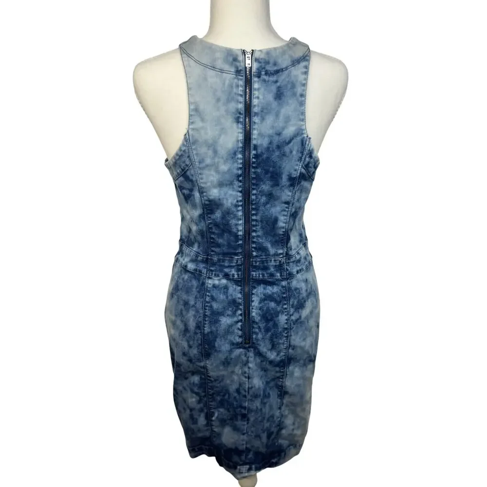 Bebe Denim Bodycon Mini Dress Blue Acid Wash Women’s 8 Y2K 2000s Club McBling - Picture 2 of 16